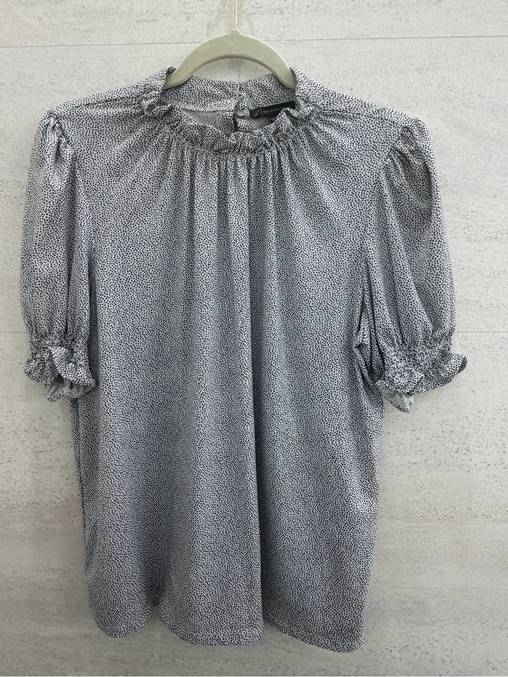 Adrianna Papell Black and White Microdot Ruffle Neck Puff Sleeve Blouse